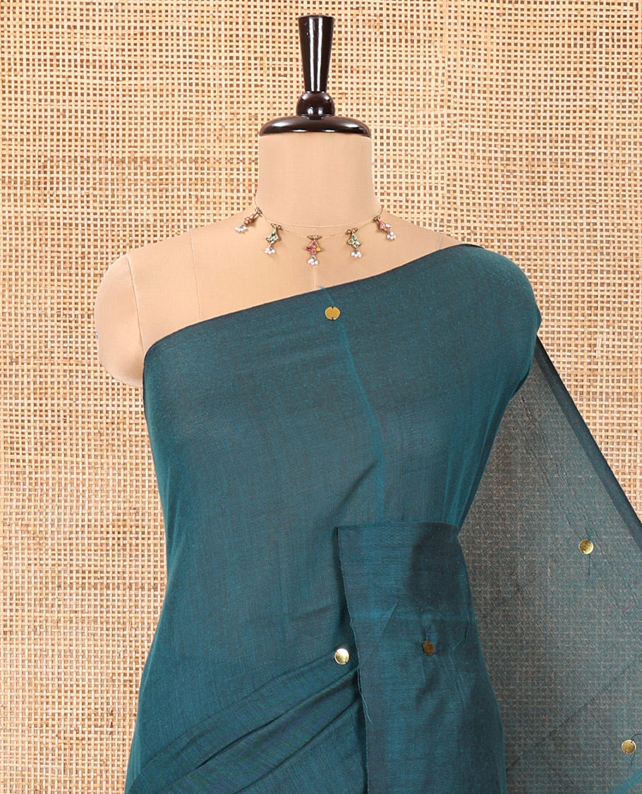 Borderless Peacock Green Mul Cotton Saree, Subtly Sparkled With Big Sequins Work On Its Body, a Self-Pallu and Paired with a Matching Blouse