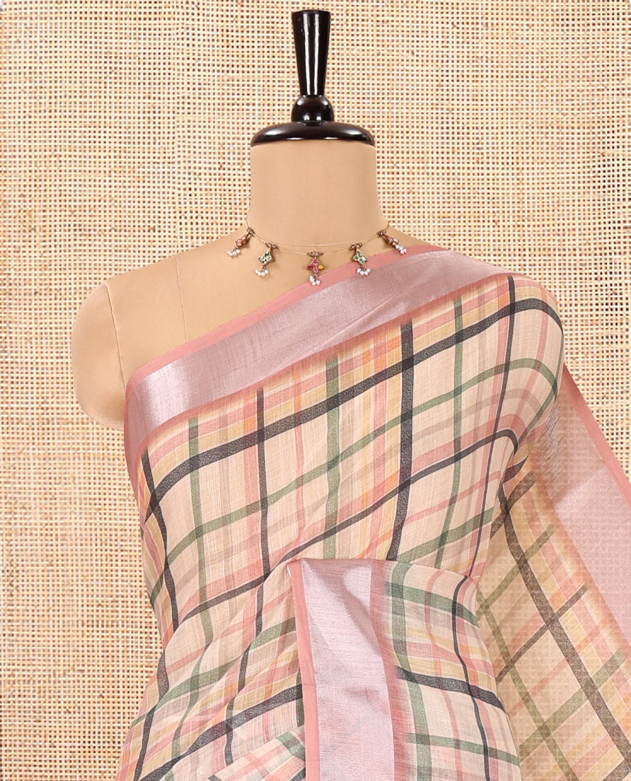 Yellow Linen Cotton Saree, Accentuated with Checked Design on Its Body, Complemented by a Contrast Zari Border, Multi-Color Checked Pallu, and Paired with a Contrast Blouse