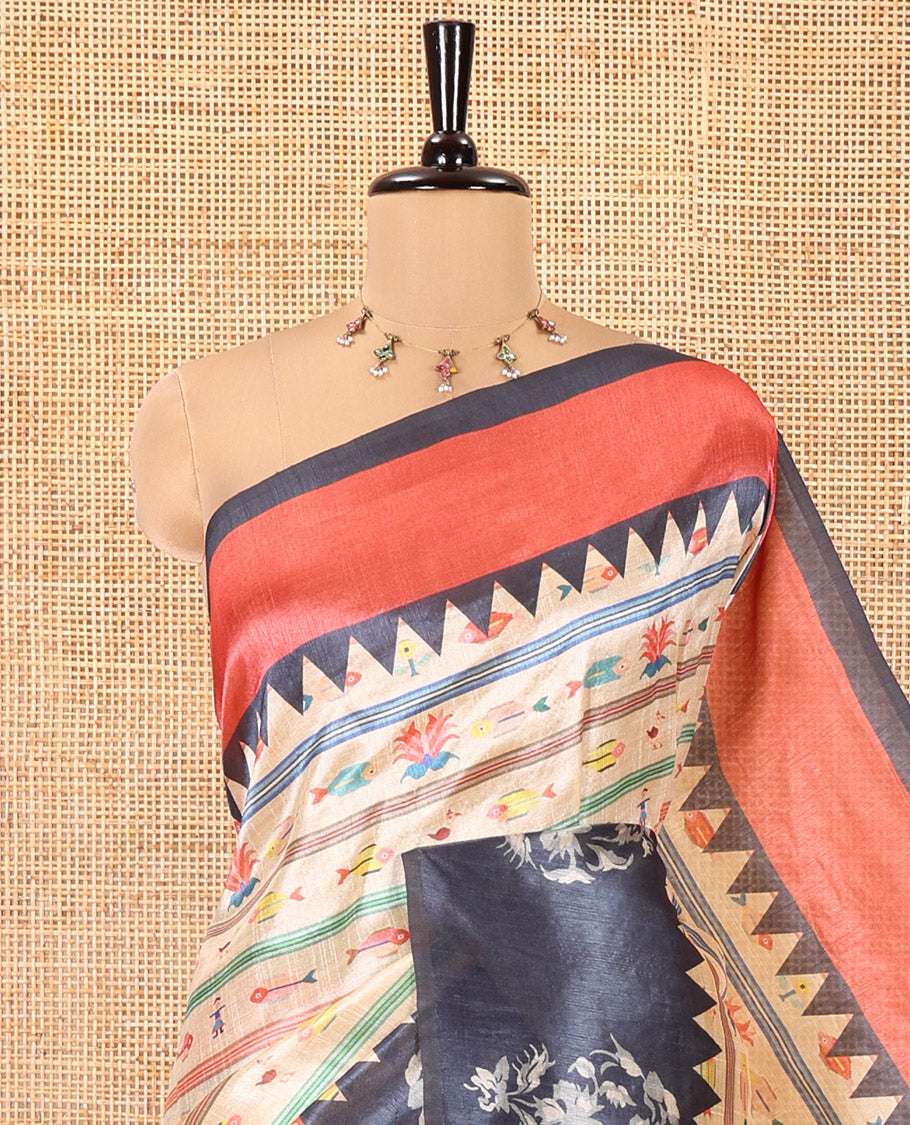 Chikku Semi-Tussar Saree Features Fish, Bird, and Human Motifs, Contrast Ganga-Jamuna Temple Floral Border, Geometric-Floral Print Pallu, and a Contrast Blouse
