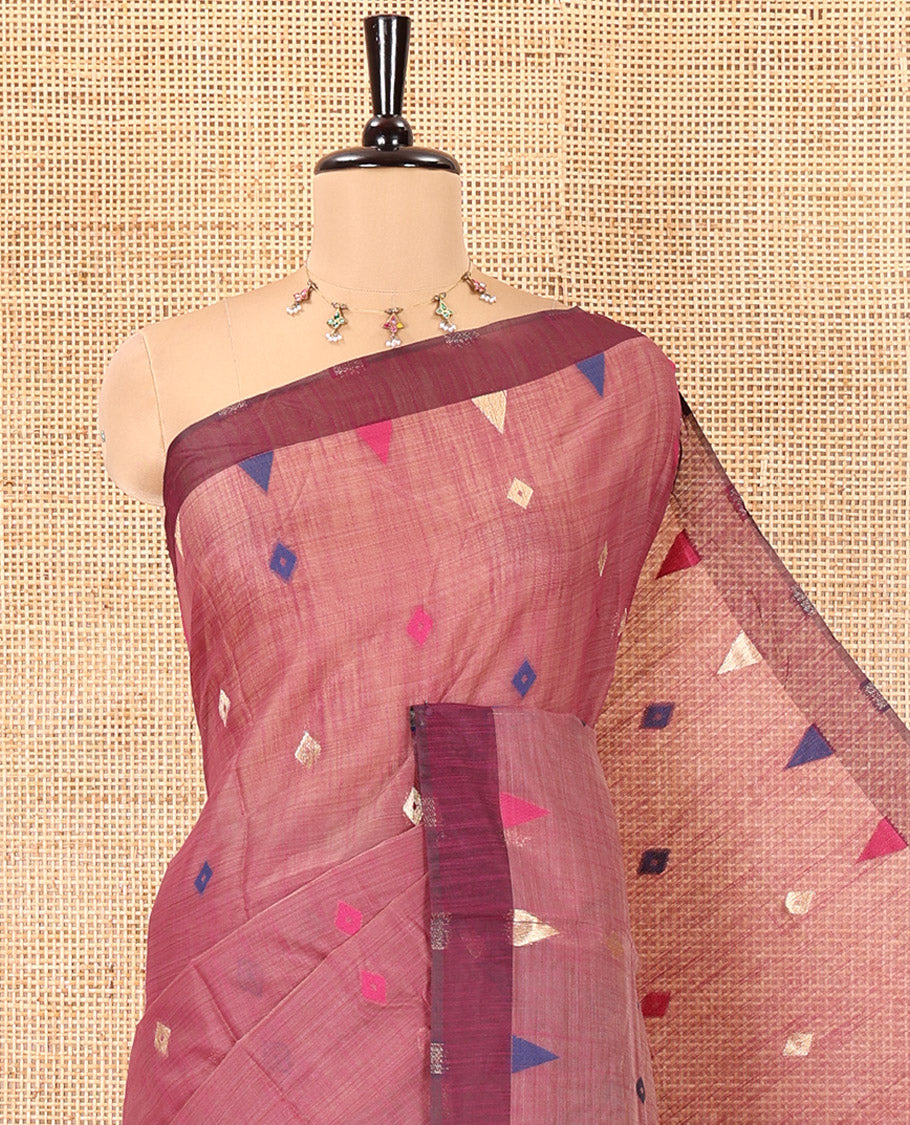 Purple Jute Cotton Saree, Adorned with Diamond Meena Buttas All Over Its Body, Complemented by a Contrast Border, Pallu of Jamdhani-Style Floral Designs, and Paired with a Contrast Blouse