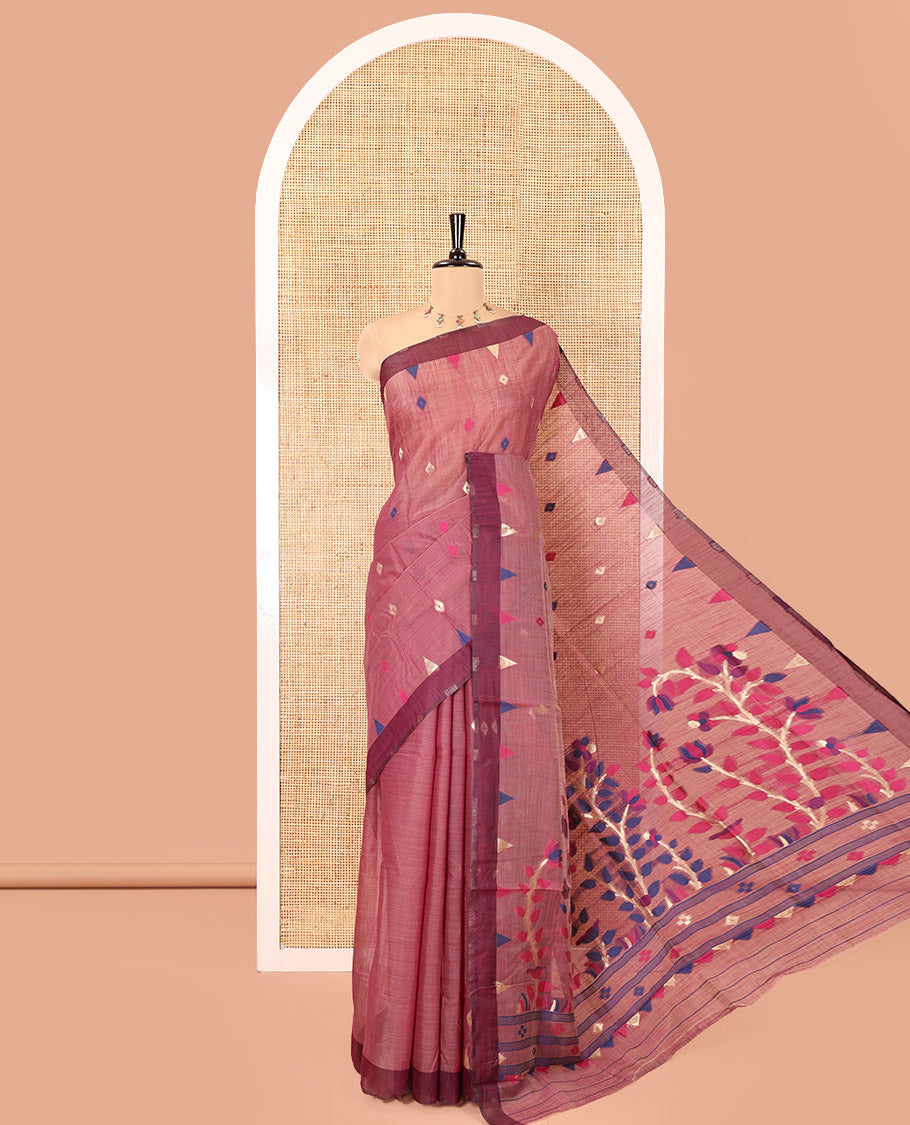 Purple Jute Cotton Saree, Adorned with Diamond Meena Buttas All Over Its Body, Complemented by a Contrast Border, Pallu of Jamdhani-Style Floral Designs, and Paired with a Contrast Blouse