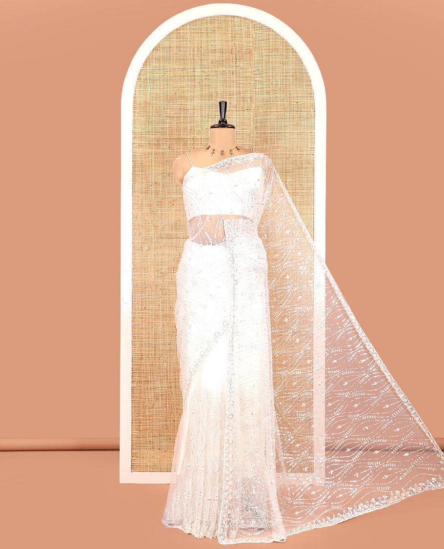 Off-White Net Saree, Enthralled with Ogee Sequins Embroidery, a Scalloped Border, and Contrast Embroidered Blouse