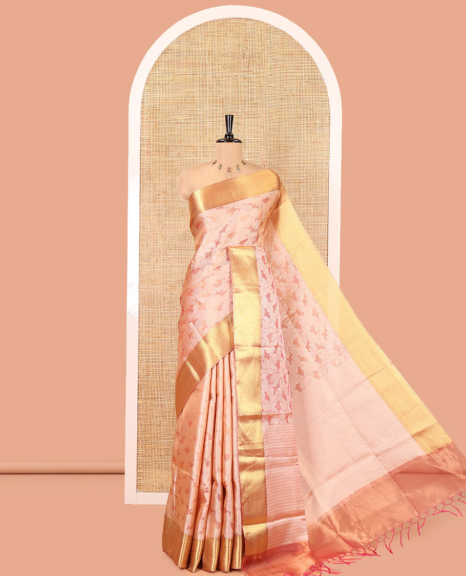 Peach Tissue Saree, Gleamed Up with Leaf Jacquard Design, Zari Traditional Border, a Self-Pallu, and a Matching Blouse