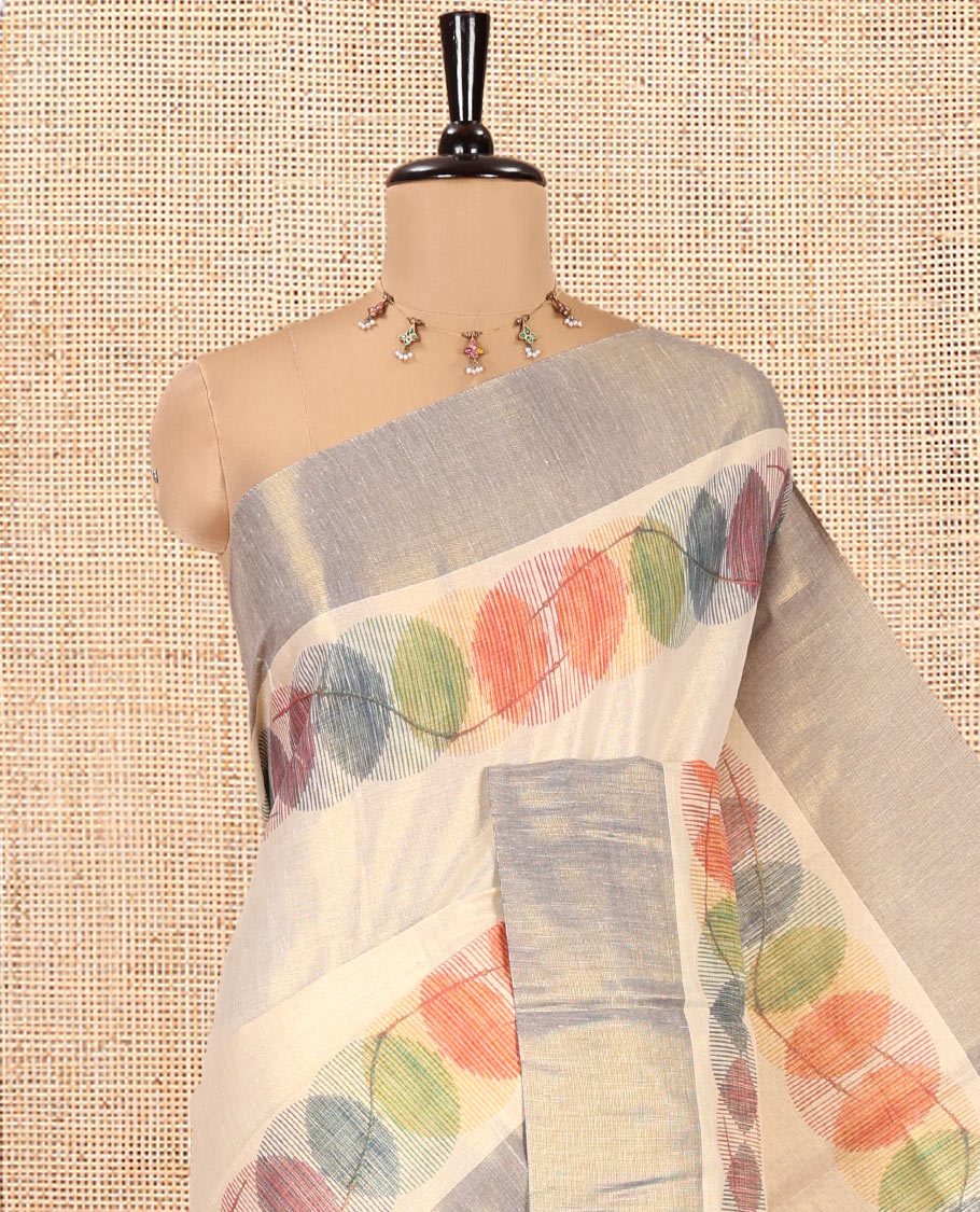 Gold Kerala Tissue Saree Features a Geometric Print, a Bavanji Border, a Geometric Pallu, and a Matching Blouse