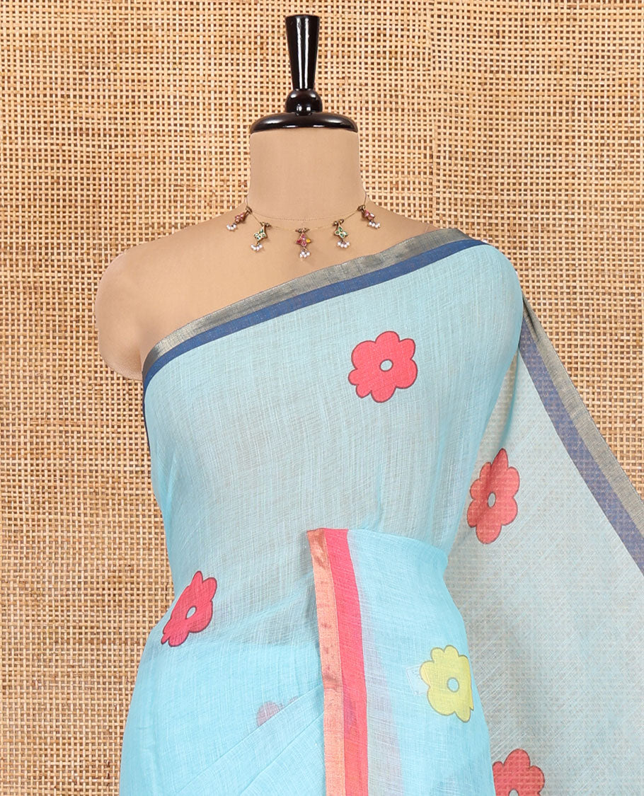 Sea Blue Linen Cotton Saree, Beautified with Flower Buttas, a Contrast Border, Multi-Color Striped Pallu, and a Contrast Blouse
