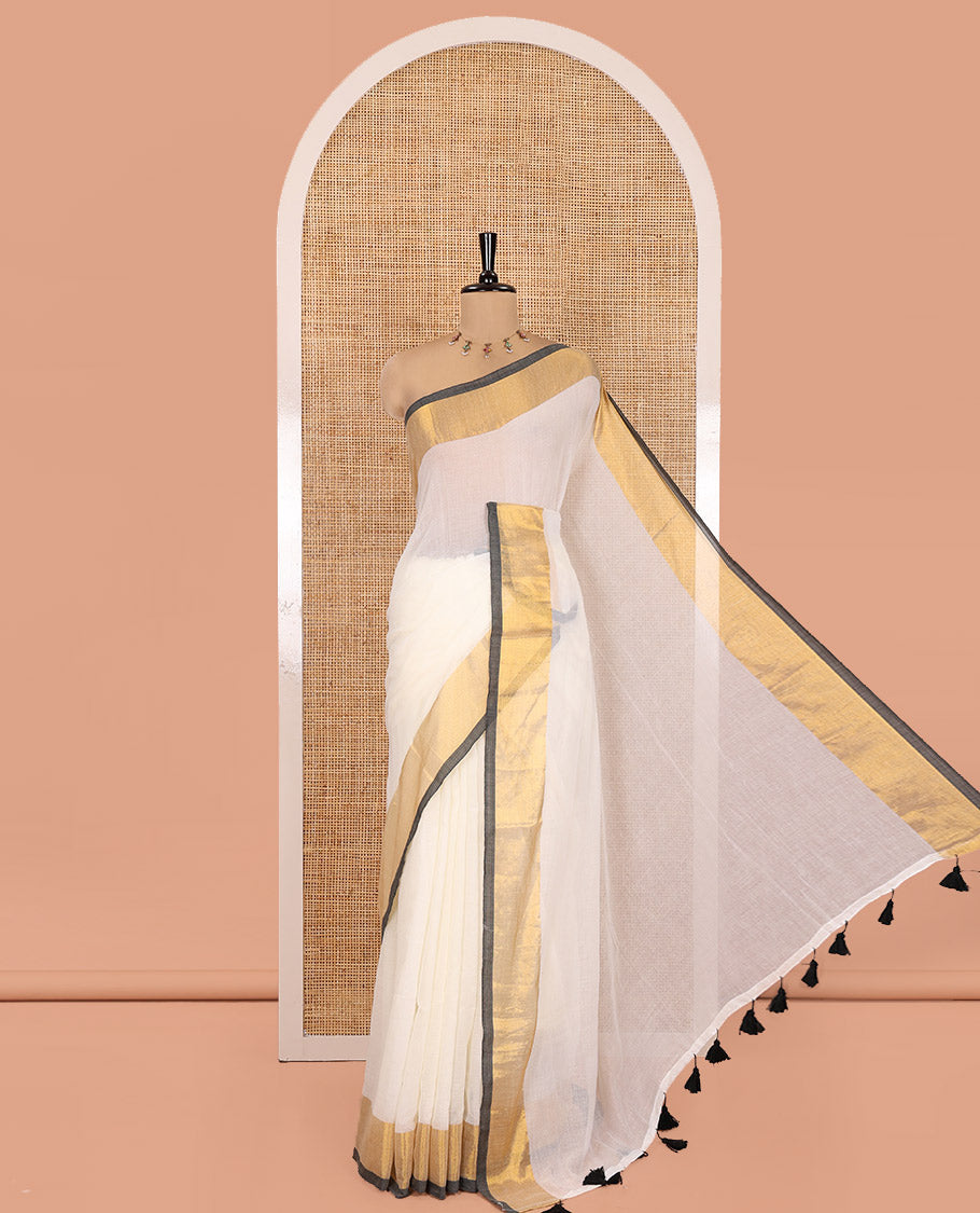 Cream-Black Plain Khadi Mul Cotton Saree, a Contrast Bavanji Zari Border, a Self-Pallu, and No Blouse