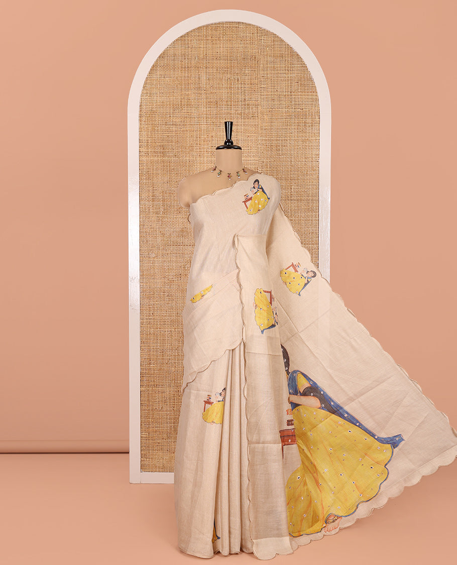 Gold Tissue Saree, Artfully Designed with Girl Motif Painting and Mirror work, a Scallop Border, and a Printed Blouse