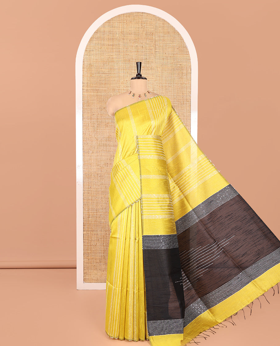 Borderless Yellow-Black Semi-Raw Silk Saree, Decorated with Sequined Stripes, a Contrast Zari Striped Pallu, and Contrast Blouse