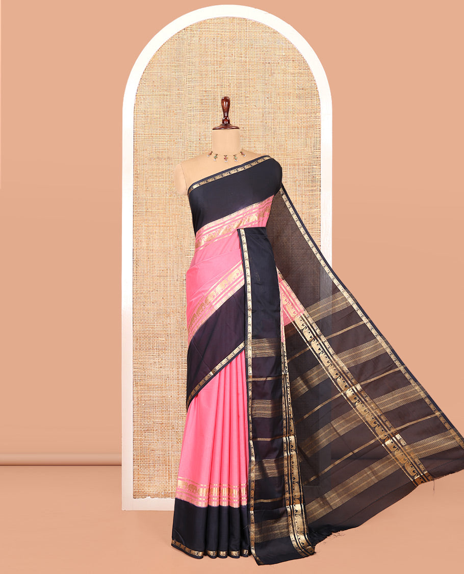 Pink Plain Art Mysore Silk Saree, a Contrast Traditional Zari Border, Zari Striped Pallu, and a Contrast Blouse