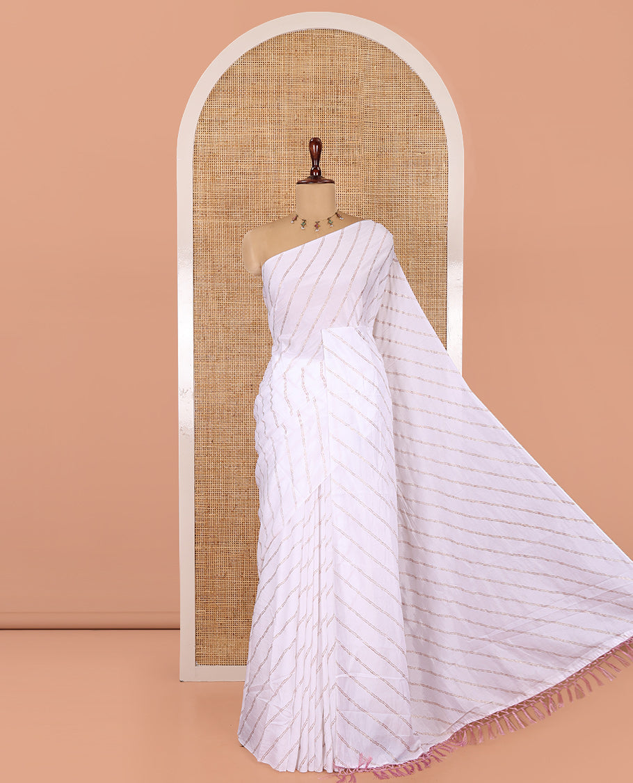 Borderless White-Onion Pink Rangoli Chiffon Saree, Gleamed Up with Foil-Printed Leheriya Stripes, a Contrast Sequins Blouse
