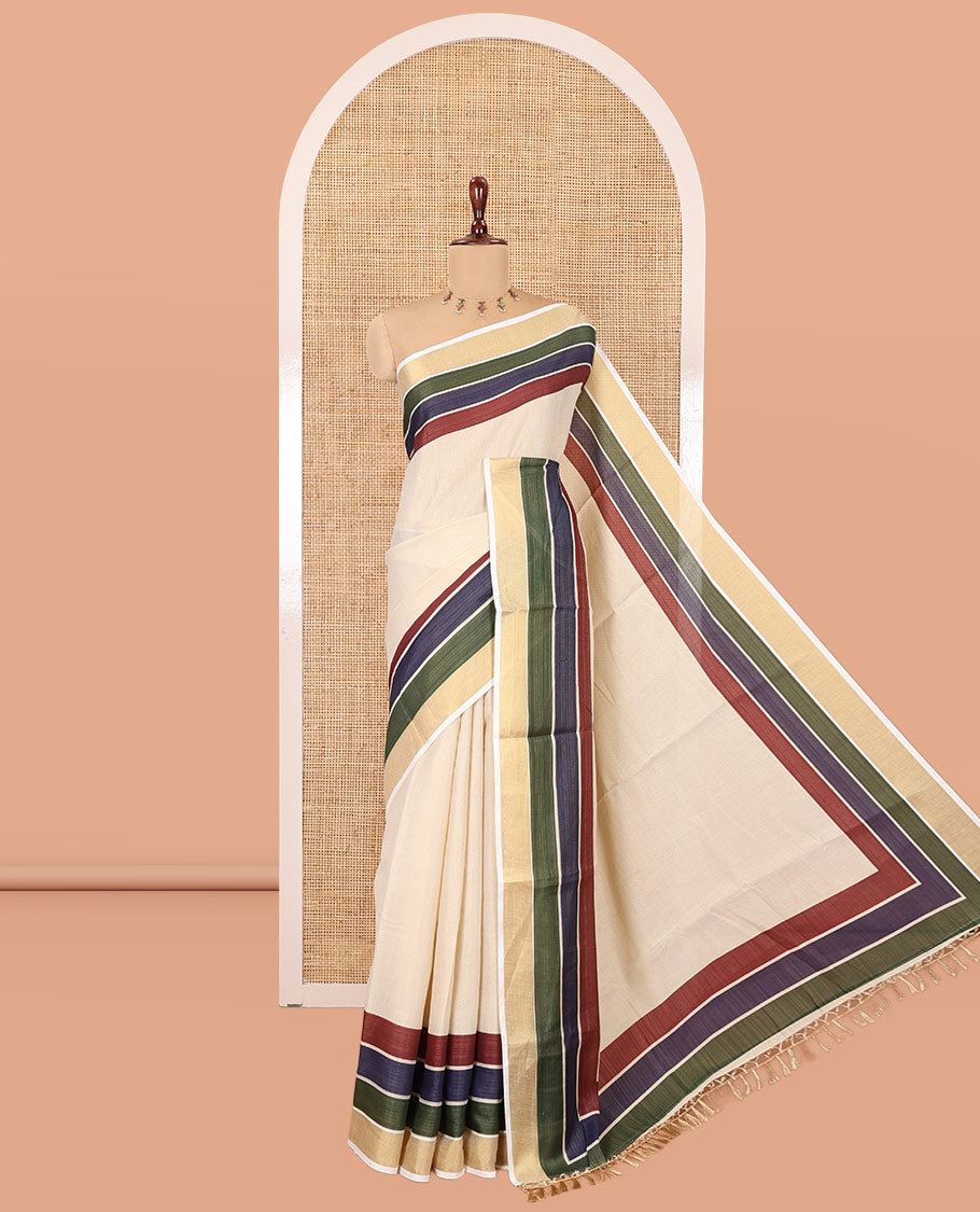 Cream Plain Kerala Cotton Saree, Contrast Tri-Colored Border, Self-Pallu, and a Contrast Blouse