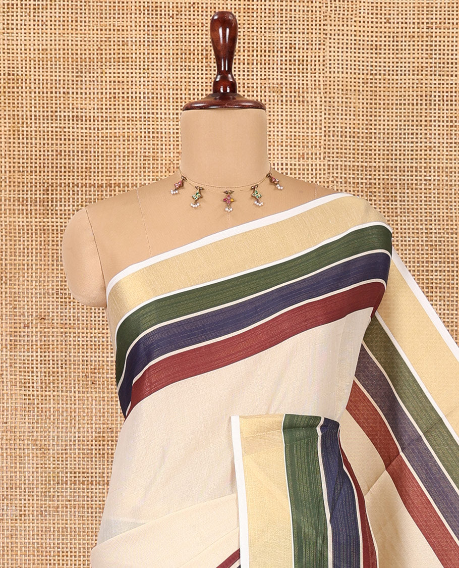 Cream Plain Kerala Cotton Saree, Contrast Tri-Colored Border, Self-Pallu, and a Contrast Blouse