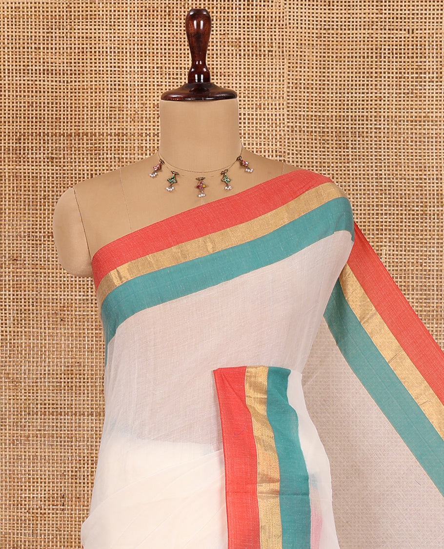 Cream Plain Khadi Mul Cotton Saree, Complemented by a Contrast Tri-Colored Border, a Self-Pallu, and a Matching Blouse