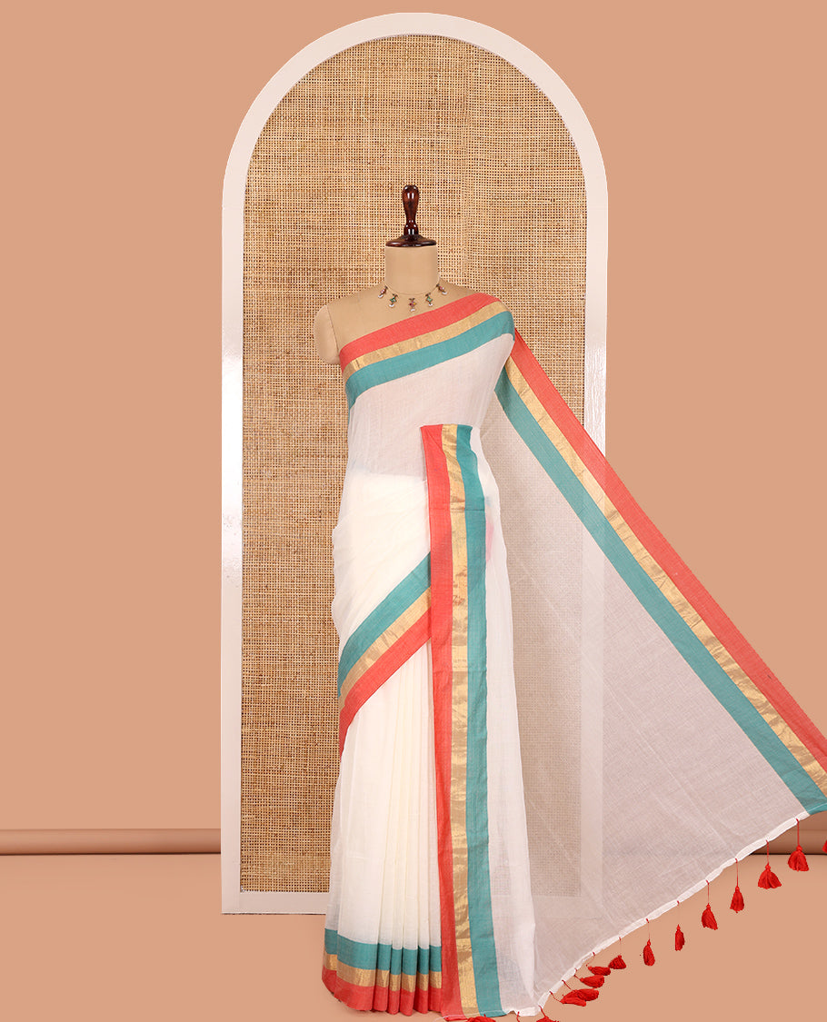 Cream Plain Khadi Mul Cotton Saree, Complemented by a Contrast Tri-Colored Border, a Self-Pallu, and a Matching Blouse