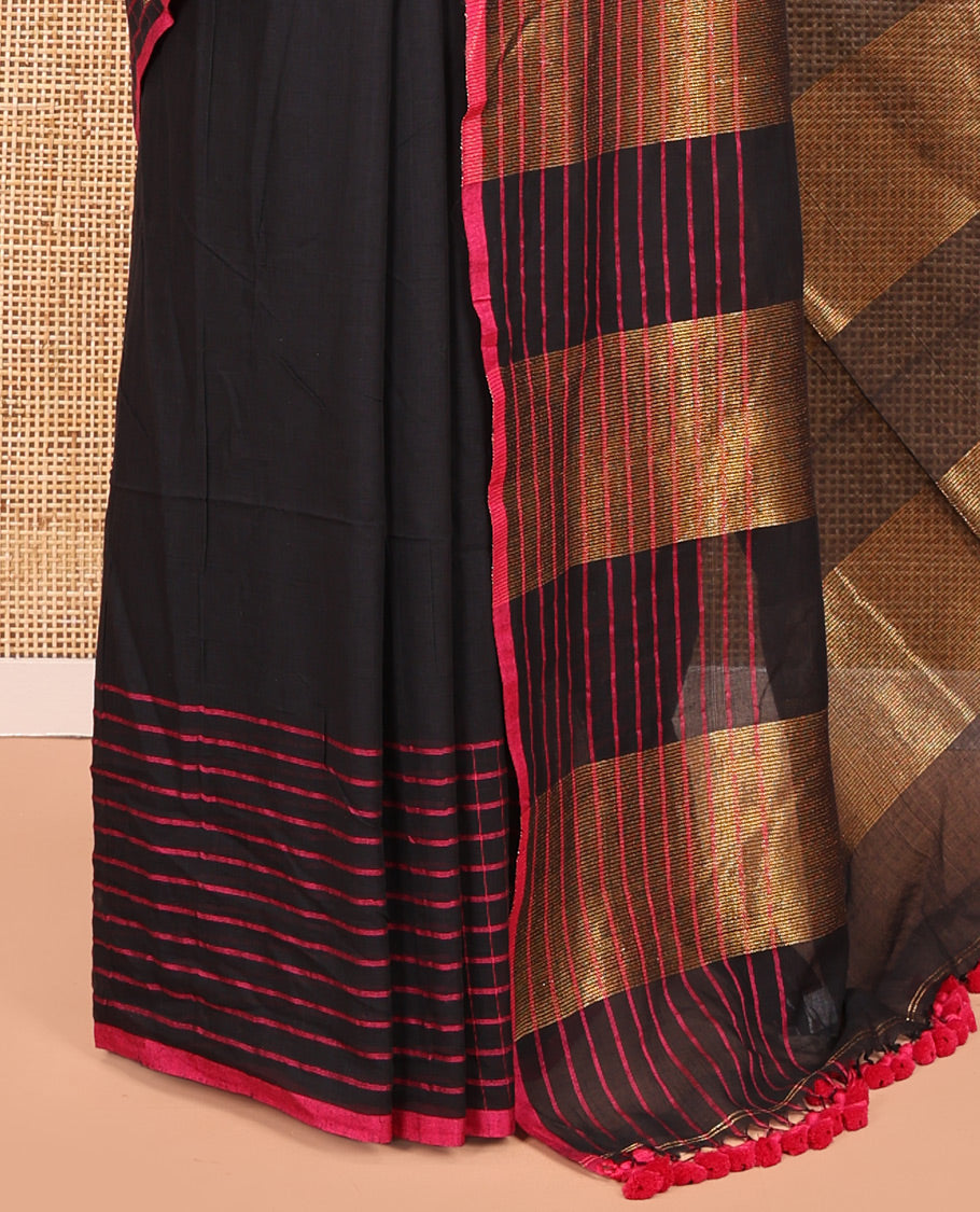 Black Plain Khadi Mul Cotton Saree, Contrast Dobby-Style Buttas and Striped Border, and Gleaming Striped Pallu