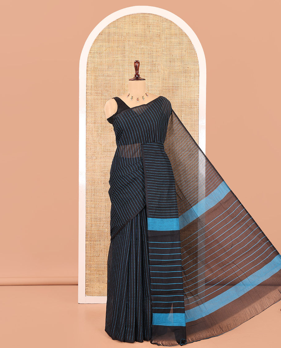 Borderless Black Chettinad Cotton Saree, Delicately Woven with Thread Stripes, a Self-Pallu, and No Blouse