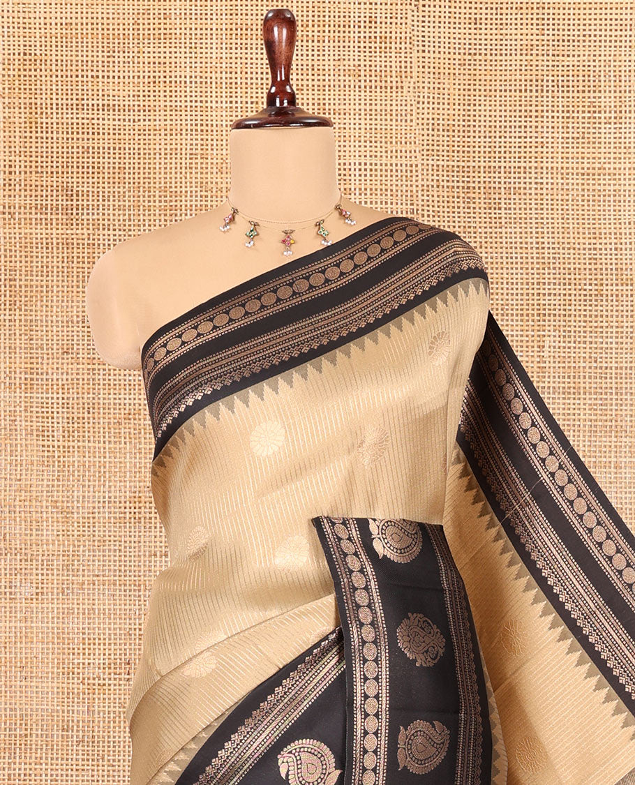 Chikku Kanchi Silk Saree, Embellished with Zari Buttas and Stripes, Contrast Traditional Zari Border, Jaal Pallu, a Contrast Blouse