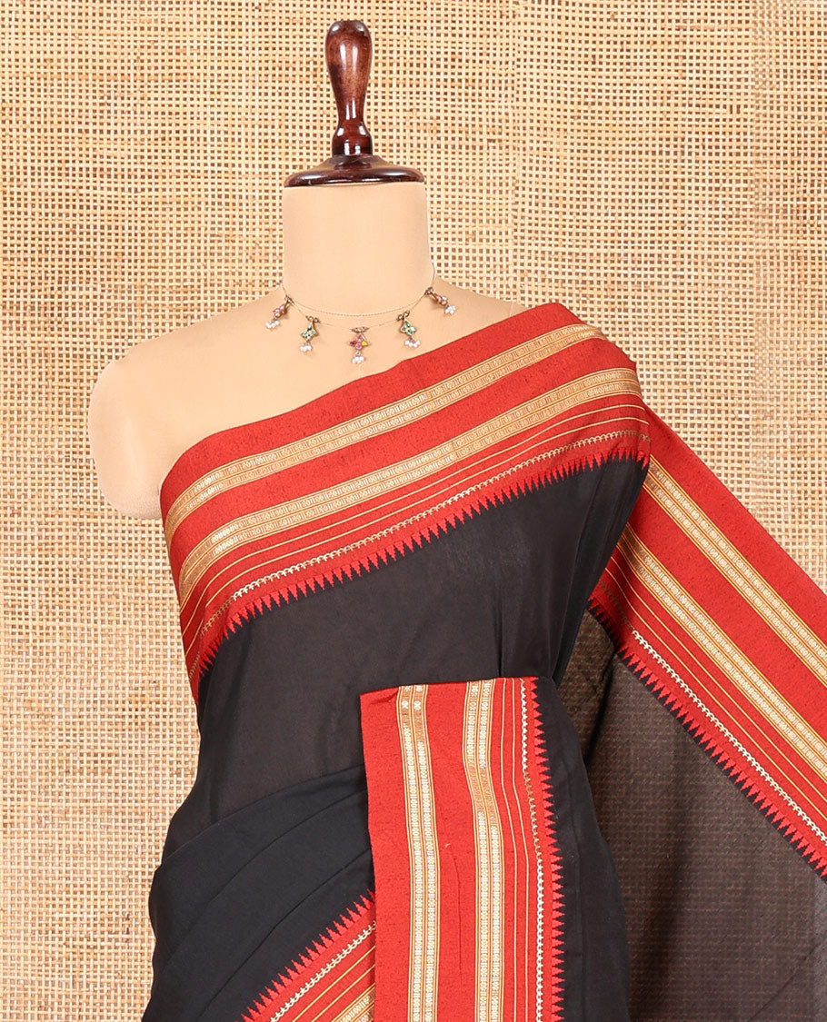 Black-Red Plain Mercerised Cotton Saree, Contrast Traditional Thread Temple Border, Striped Pallu, and a Matching Blouse