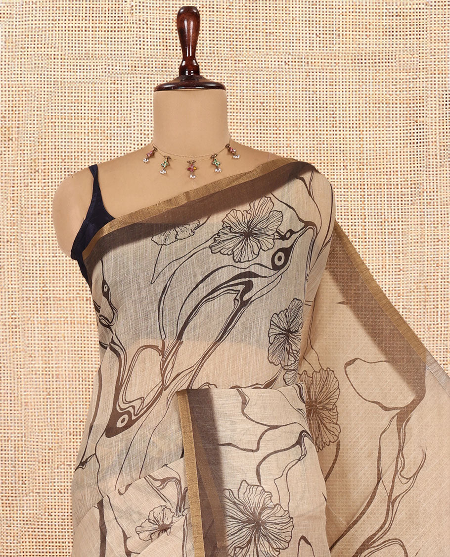 Chikku Abstract Printed Linen Cotton Saree, Complemented by a Contrast Border, Floral Printed Pallu, and a Contrast Blouse