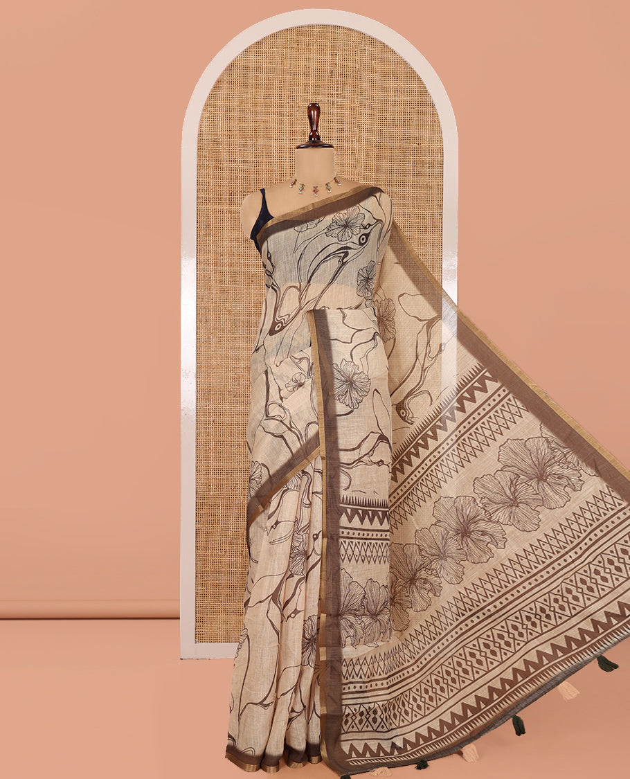 Chikku Abstract Printed Linen Cotton Saree, Complemented by a Contrast Border, Floral Printed Pallu, and a Contrast Blouse