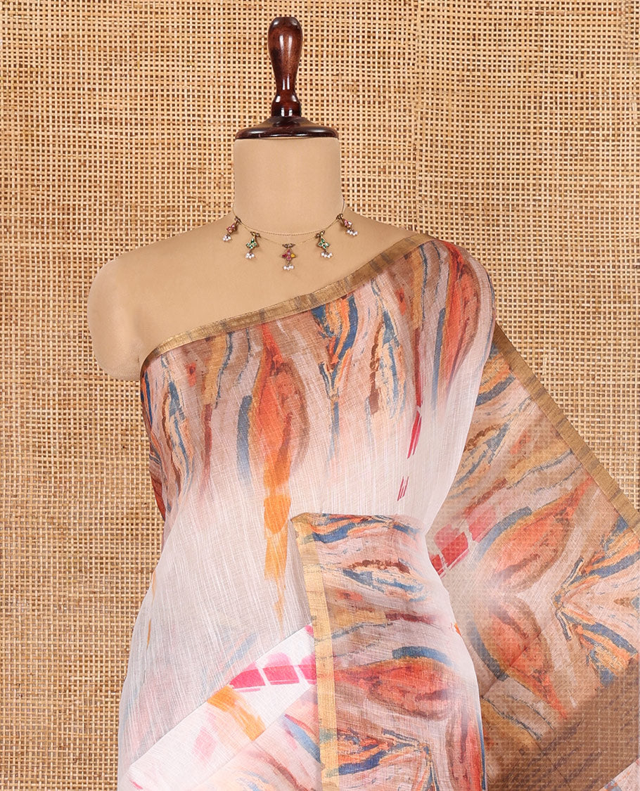 White-Mustard Linen Cotton Saree, Adorned with Shibori Print, Complemented by a Contrast-Printed Border and a Contrast Blouse