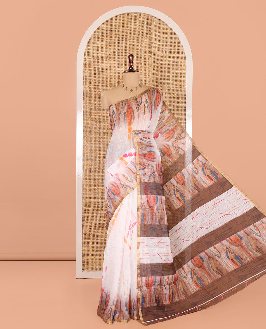 White-Mustard Linen Cotton Saree, Adorned with Shibori Print, Complemented by a Contrast-Printed Border and a Contrast Blouse
