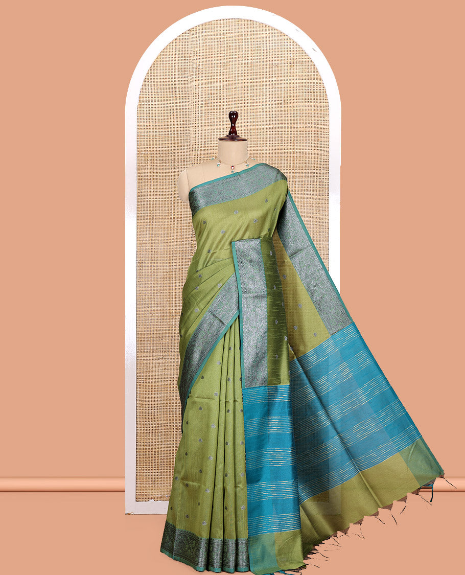 Elachi Green Semi-Raw Silk Saree Features Thread Buttas, Contrast Intricate Border, Striped Pallu, and a Contrast Blouse