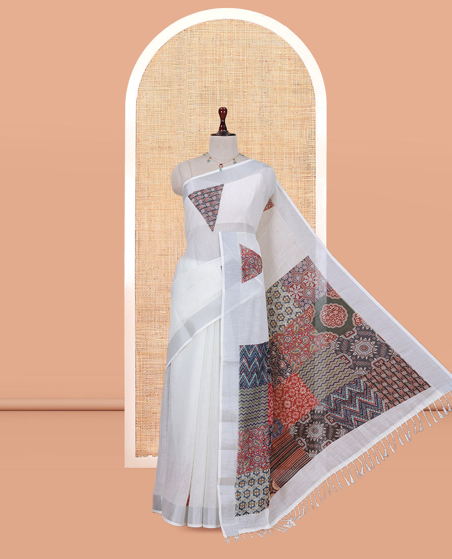 Cream Linen Cotton Saree, Elevated with Triangle Print, a Subtle Zari Border, Ajrakh Patch Printed Pallu, and a Contrast Blouse