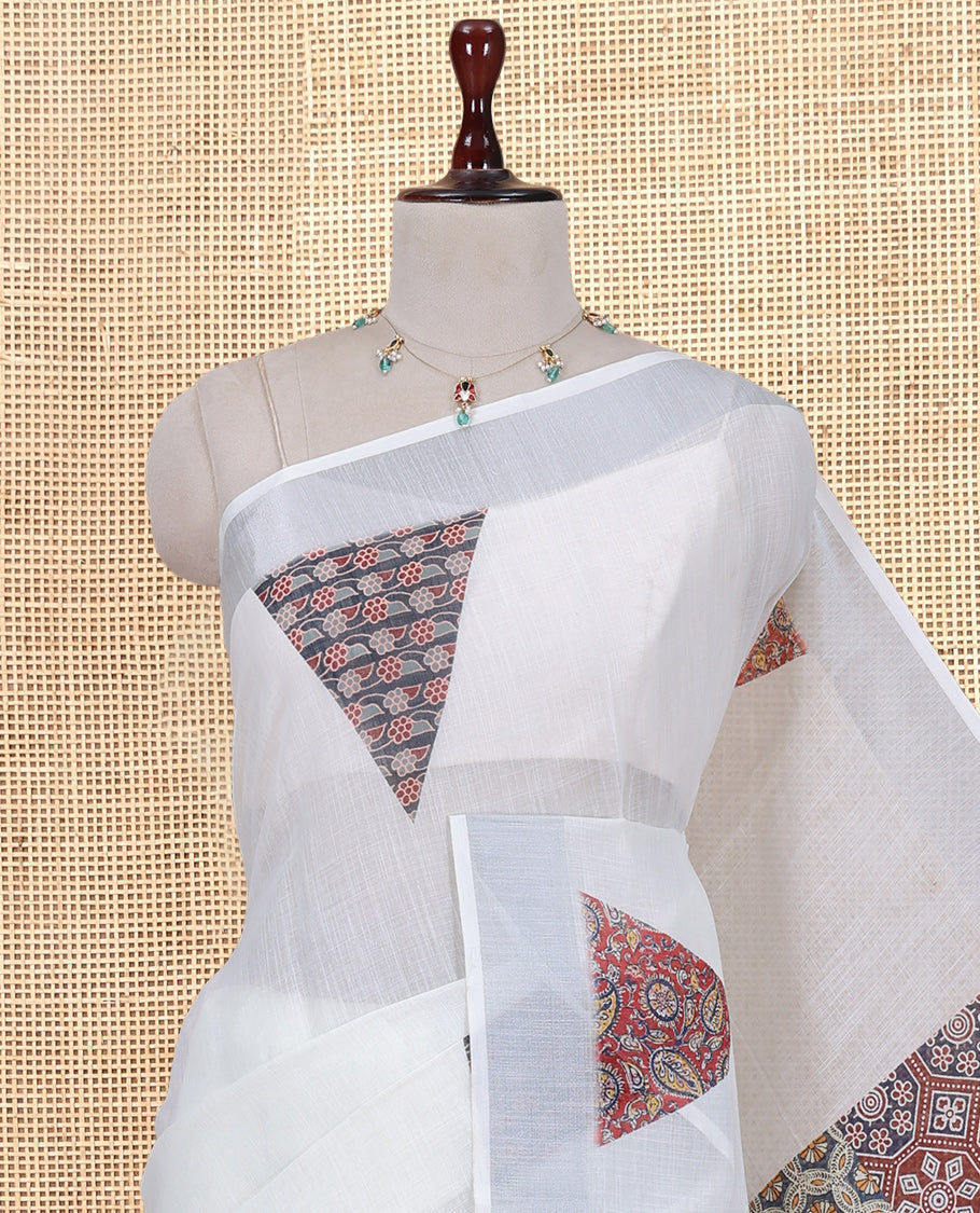 Cream Linen Cotton Saree, Elevated with Triangle Print, a Subtle Zari Border, Ajrakh Patch Printed Pallu, and a Contrast Blouse