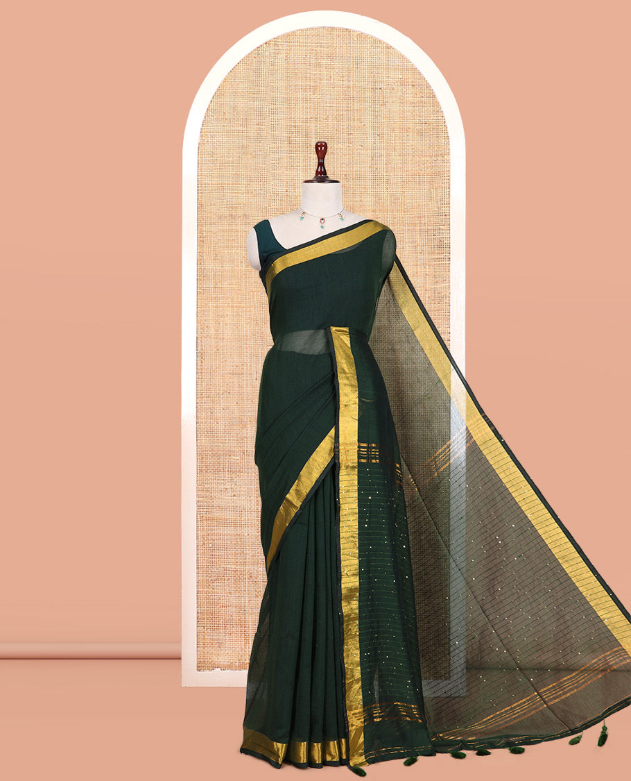 Green Plain Khadi Mul Cotton Saree, a Gold Zari Border, Sequins Striped Pallu, and a Matching Blouse