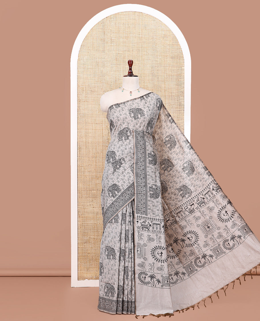 Light Brown South Cotton Saree Features Leaf and Elephant Motifs Print, a Subtle Printed Border, and a Matching Blouse