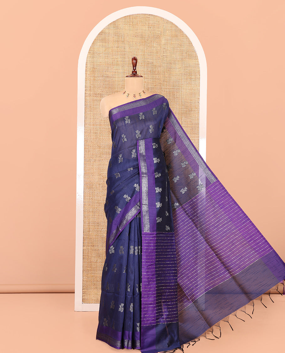 Navy Blue Semi-Raw Silk Saree, Sparsely Woven with Zari Buttas, Complemented by Contrast Zari Border, Striped Pallu, and a Contrast Blouse