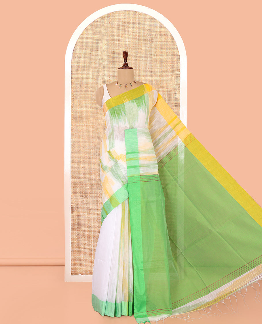White-Green Khadi Linen Saree, Adorned with Ikkat Weave, a Contrast Plain Border, Plain Pallu, and a Contrast Blouse