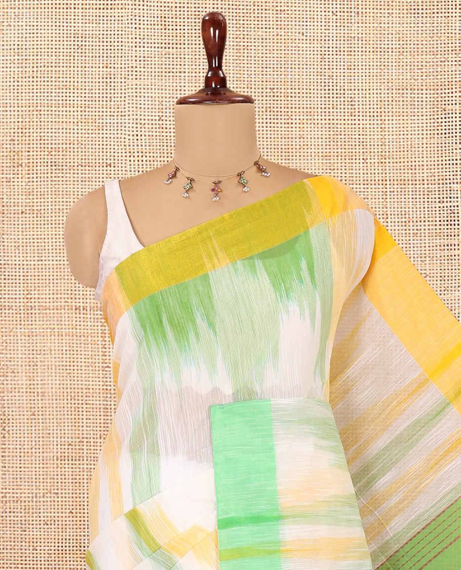 White-Green Khadi Linen Saree, Adorned with Ikkat Weave, a Contrast Plain Border, Plain Pallu, and a Contrast Blouse