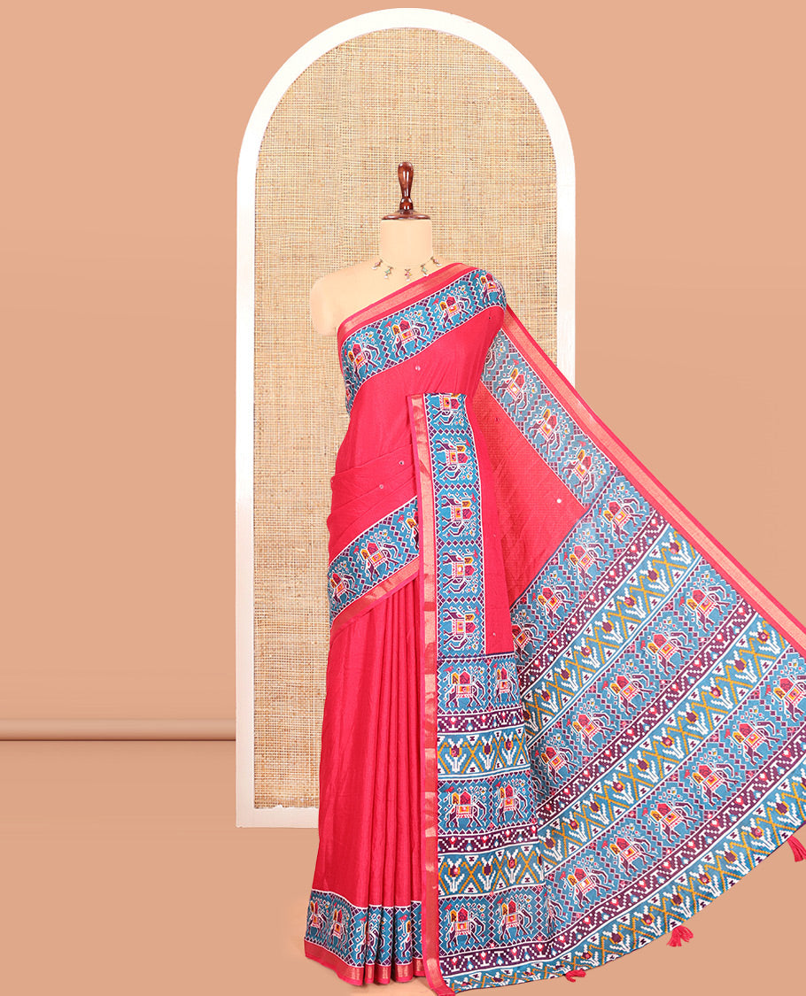 Rani Pink Manipuri Tussar Saree Features Mirror Work, Contrast Patola Elephant Printed Border, Patola Pallu, Matching Blouse