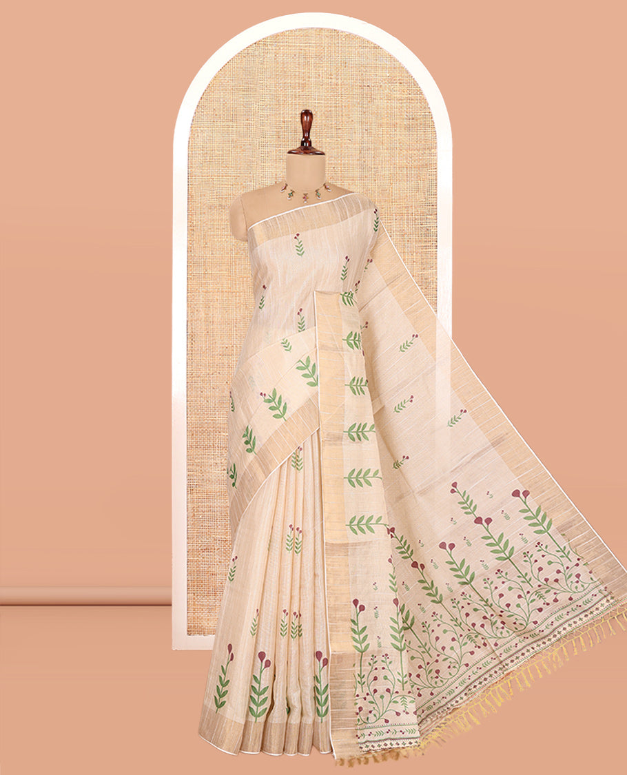 Cream-Wine Tissue Linen Cotton Saree Features Floral Buttas, a Zari Border, Floral Pallu, Matching Blouse