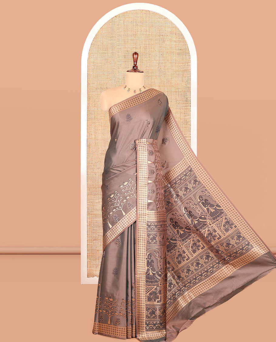 Brown Satin Silk Saree, Adorned with Flora-Fauna Buttas, Tree-Bird Border, Intricate Pallu, Matching Blouse