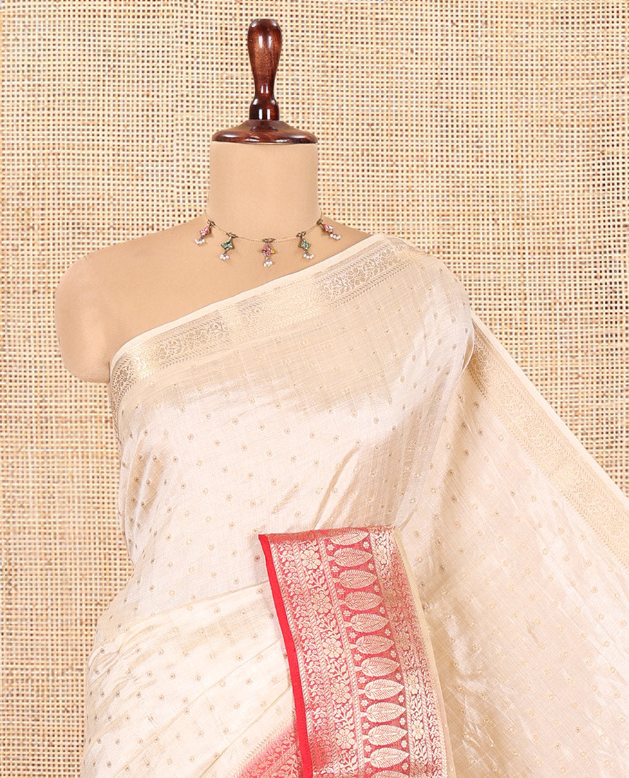 Cream-Red Semi-Tussar Saree Features 1000 Buttas, a Contrast Traditional Border, and Contrast Blouse