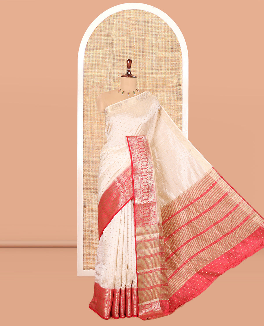 Cream-Red Semi-Tussar Saree Features 1000 Buttas, a Contrast Traditional Border, and Contrast Blouse