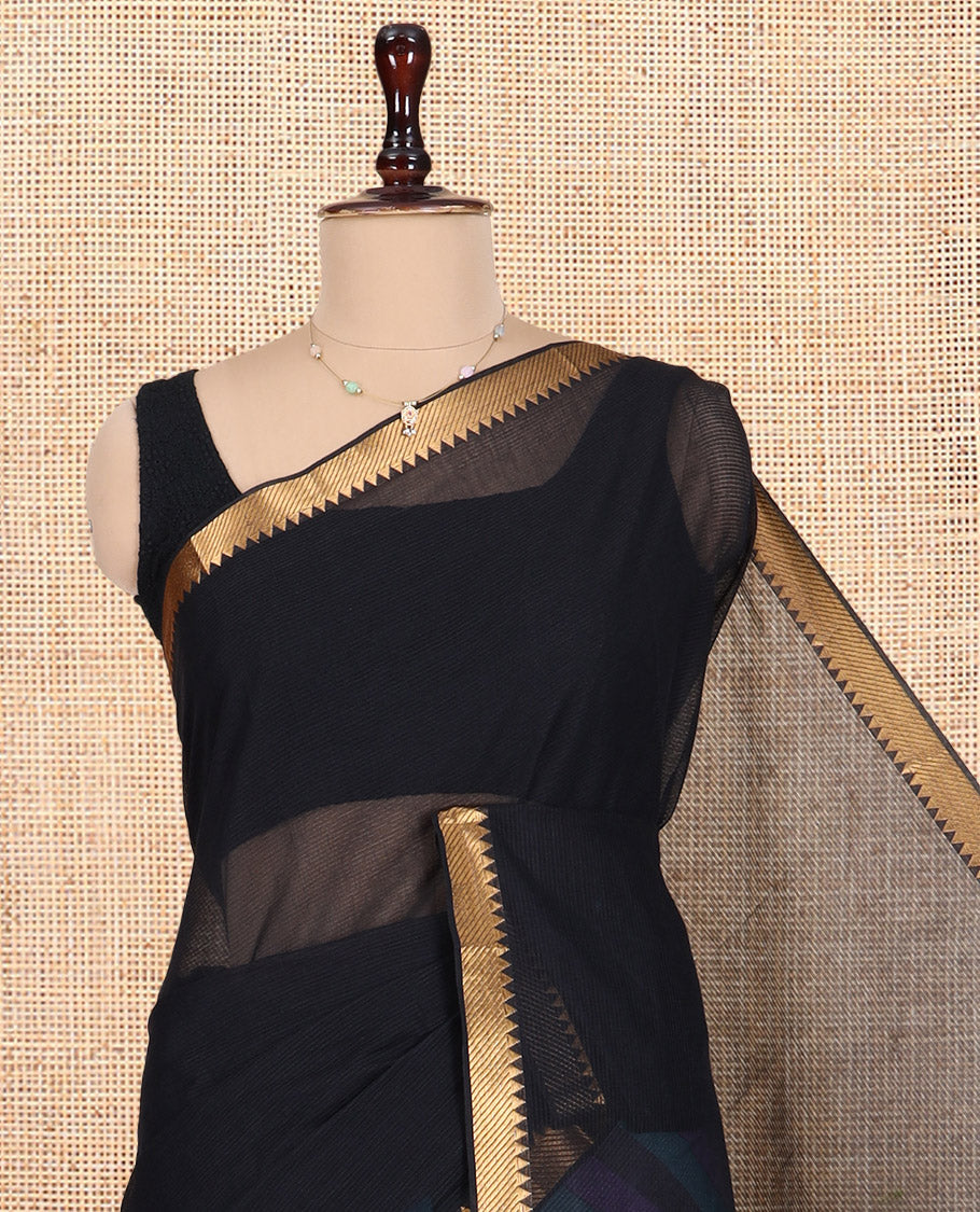Black Half-And-Half Striped Mangalgiri Cotton Saree, a Temple Border, Striped Pallu, Contrast Blouse