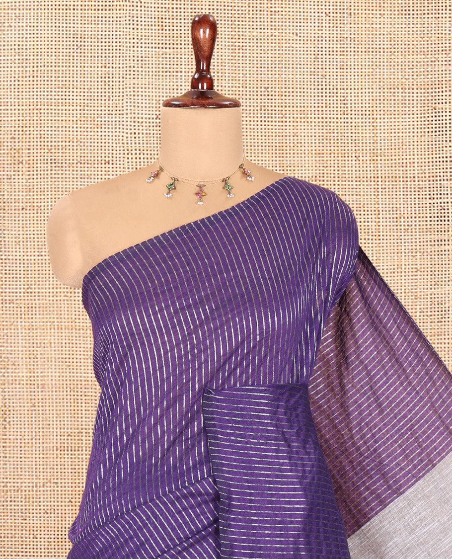 Borderless Violet Zari Striped Khadi Cotton Saree, Contrast Pallu, and No Blouse