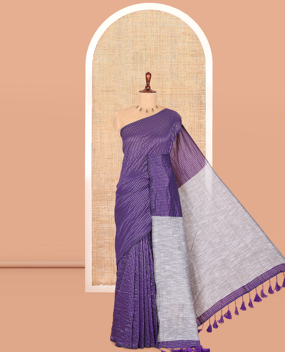 Borderless Violet Zari Striped Khadi Cotton Saree, Contrast Pallu, and No Blouse