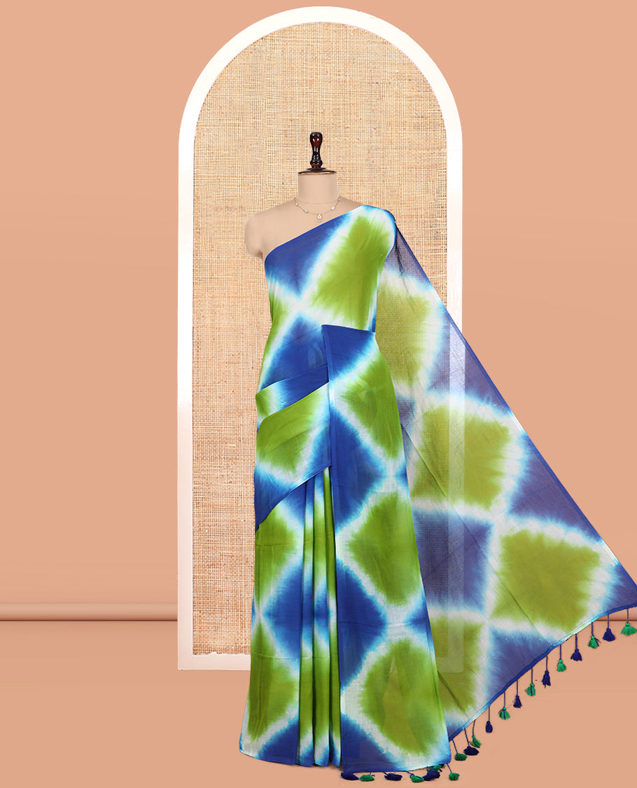 Borderless Royal-Green Diamond Shibori Printed Khadi Mul Cotton Saree, and No Blouse
