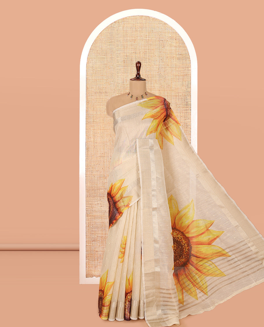 Gold Tissue Linen Saree Features Sunflower Print, a Zari Border, and a Matching Blouse