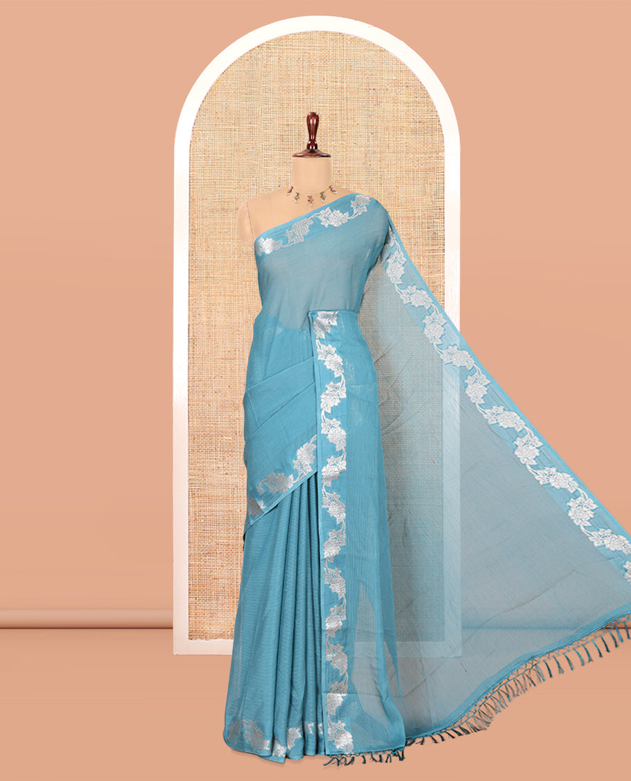 Blue Wrinkle Chiffon Saree, Highlighted by Floral Creeper Border, and No Blouse