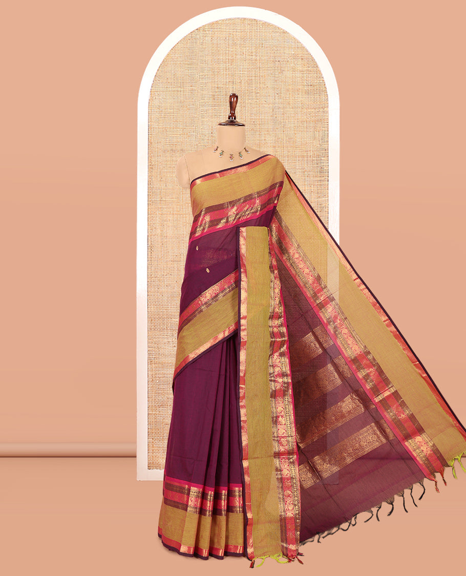 Wine Chettinad Cotton Saree, Woven with Zari Buttas, a Contrast Traditional Rettai Pettu Border, Matching Blouse
