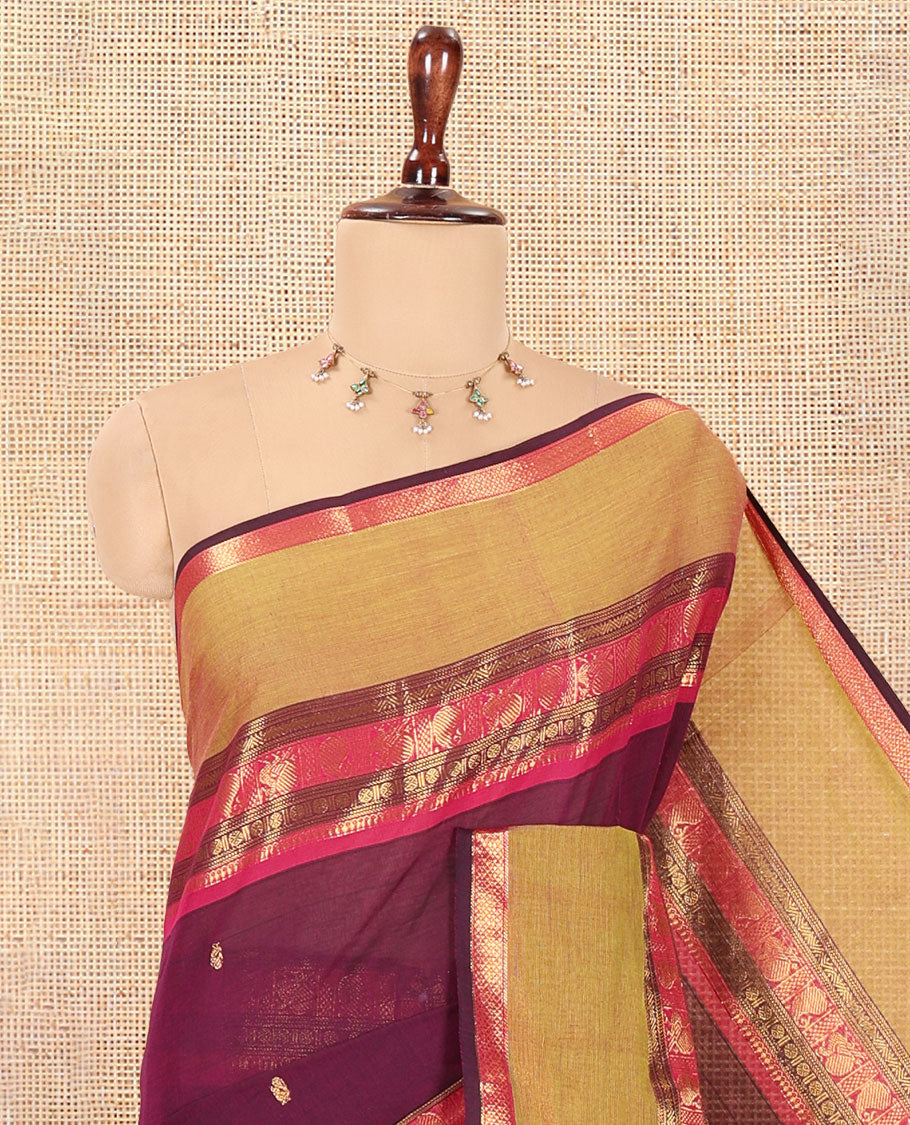 Wine Chettinad Cotton Saree, Woven with Zari Buttas, a Contrast Traditional Rettai Pettu Border, Matching Blouse