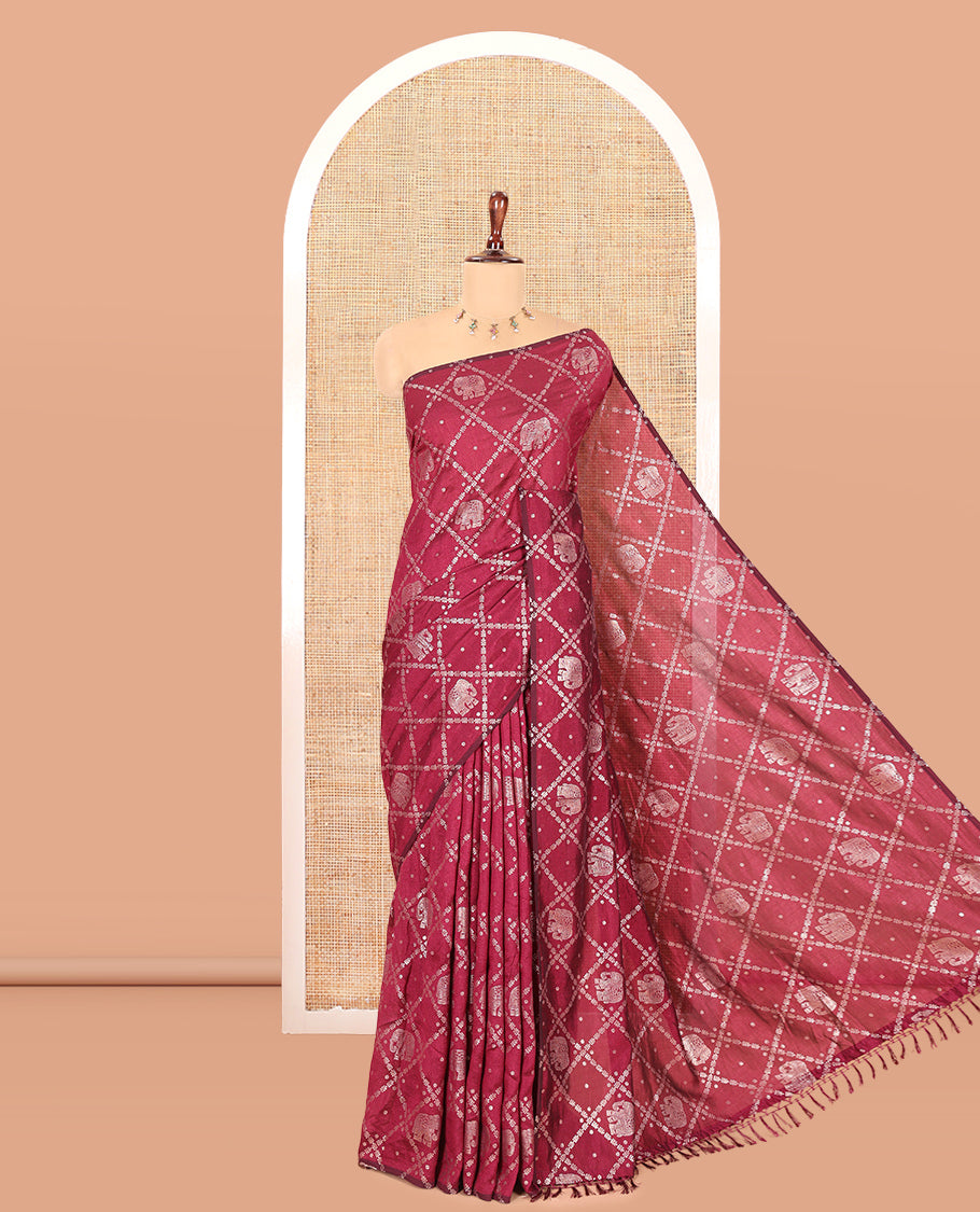 Borderless Purple Vichitra Silk Saree Features Elephant Butta Enclosed Jaal Design, a Self-Pallu, and No Blouse