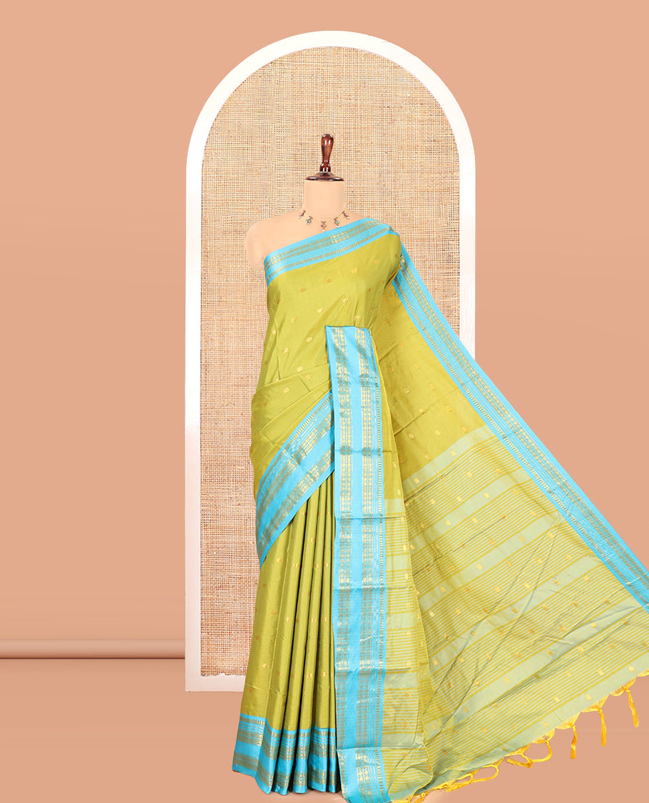 Parrot Green-Blue Softy Silk Saree, Adorned with Zari Buttas, a Contrast Traditional Zari Border, and a Matching Blouse