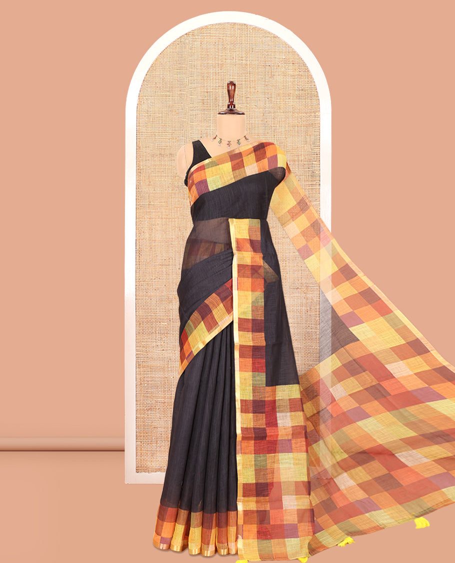 Black-Yellow Plain Linen Cotton Saree, a Contrast Checked Border, Checked Pallu, and a Contrast Blouse